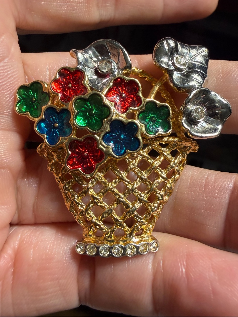 Vintage Gold Tone Enamel Floral Basket Brooch